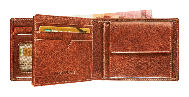 Portemonee Maverick Rough Gear met kleingeldvak RFID leer cognac