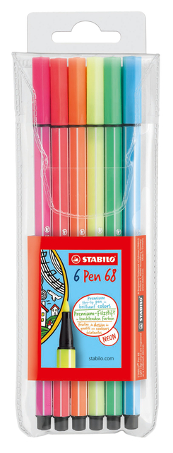 Viltstift STABILO Pen 68 medium fluor assorti etui à 6 stuks