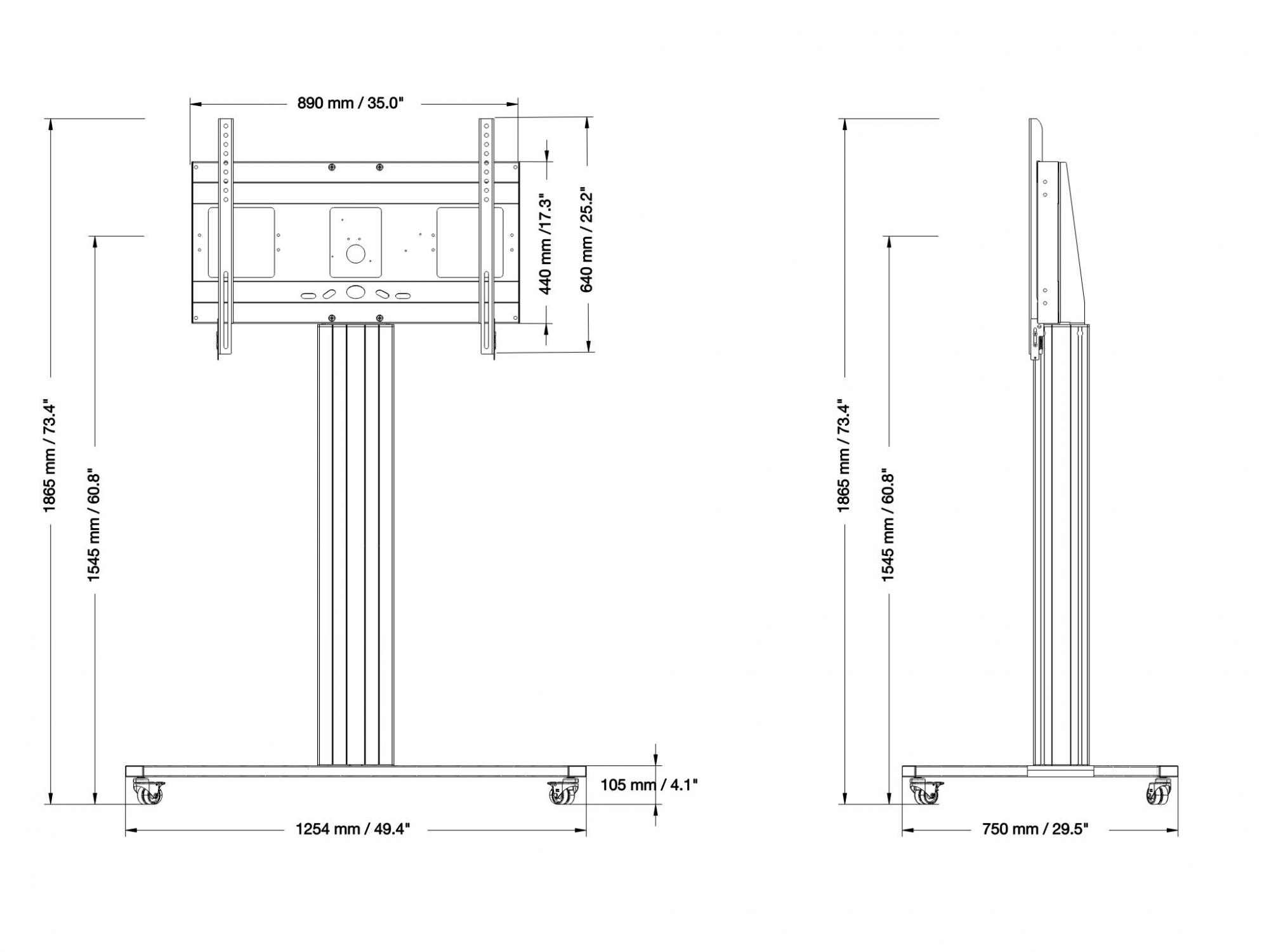 Tv-trolley, verrijdbaar statief met monitorbeugel, middendisplay 154,5 cm