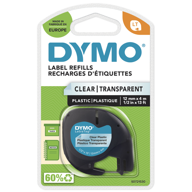 Labeltape Dymo LetraTag plastic 12mm zwart op transparant