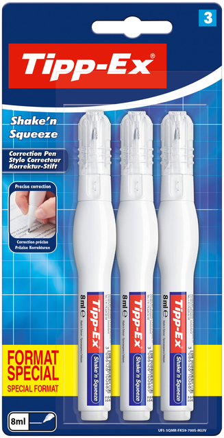 Correctiepen Tipp-ex Shake 'n Squeeze 8ml blister à 3 stuks