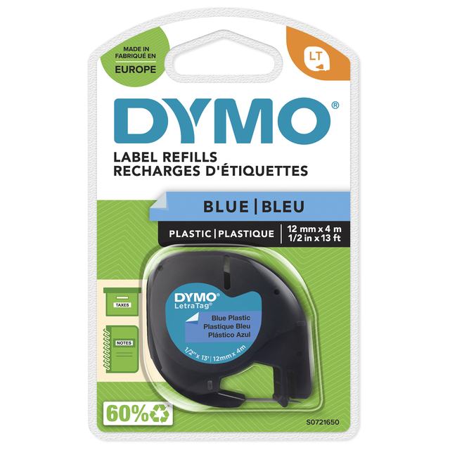 Labeltape Dymo LetraTag plastic 12mm zwart op blauw