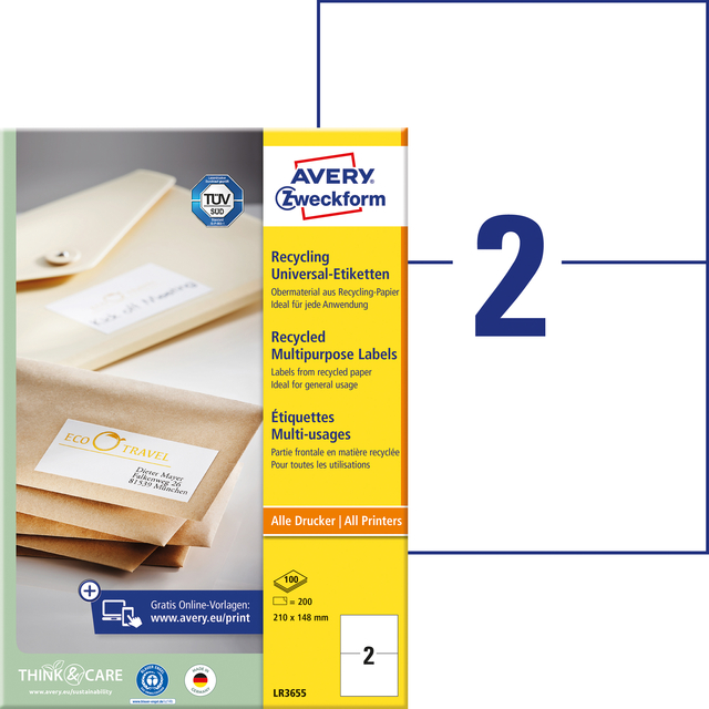 Etiket Avery Zweckform LR3655 210x148mm A5 recycled wit 200 etiketten