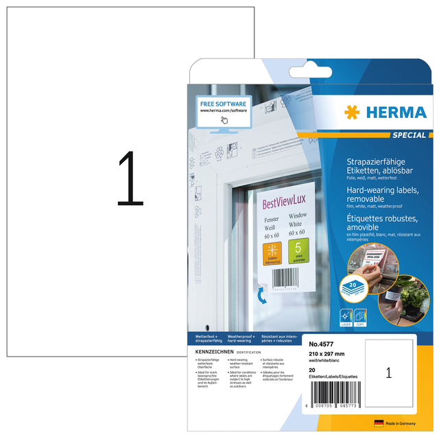 Etiket HERMA 4577 210x297mm folie wit 20 etiketten