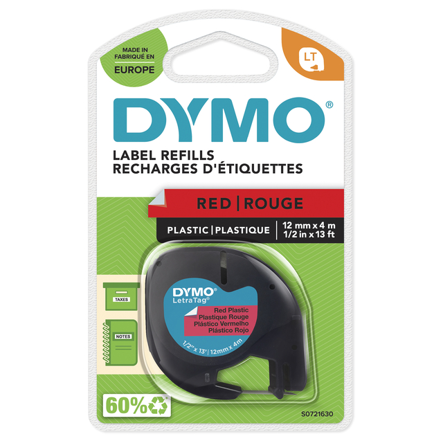 Labeltape Dymo LetraTag plastic 12mm zwart op rood