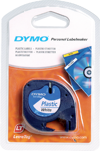 Labeltape Dymo LetraTag plastic 12mm zwart op wit