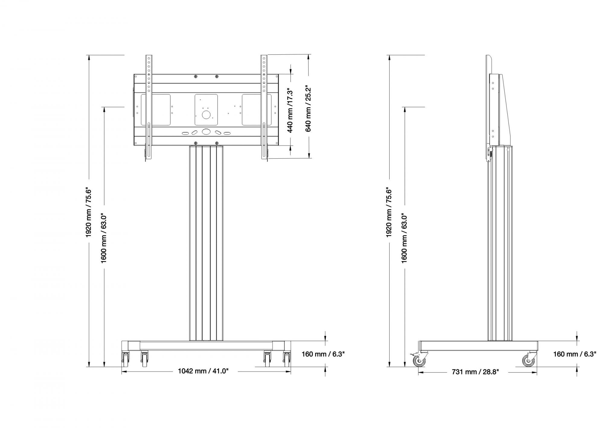 Tv-trolley, verrijdbaar statief met monitorbeugel, middendisplay 160 cm