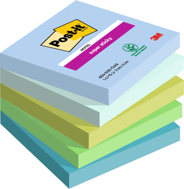 Memoblok Post-it 654 Super Sticky 76x76mm Oasis 5 stuks