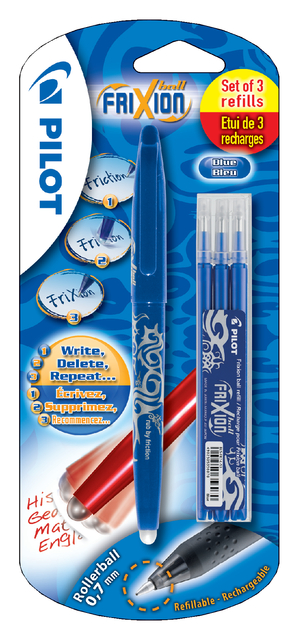 Rollerpen PILOT friXion medium blauw blister à 1 stuk + 3 vullingen