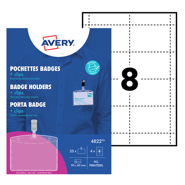 Badge Avery met clip 4822 60x90mm 25 stuks + 32 insteekkaarten