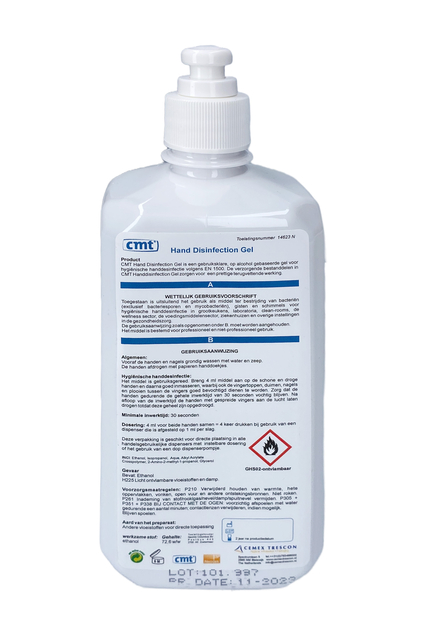 Handdesinfectie CMT systeemfles met pomp alcoholgel 500ml