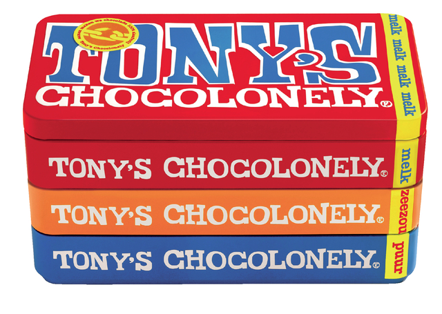 Chocolade Tony's Chocolonely puur-melk en karamel zeezout blik 540gr