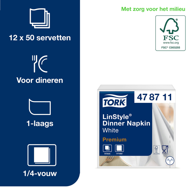 Dinerservet Tork Linstyle Premium 1/4 vouw 1-laags 390x390mm 50 vel wit 478711