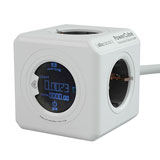 Allocacoc PowerCube Extended, stekkerdoos met energieconsumptie monitor, 4 sockets, 1.5m, wit/grijs