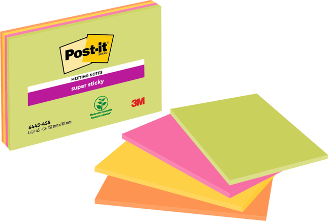 Memoblok Post-it 6445 Super Sticky 152x101mm assorti 4 stuks