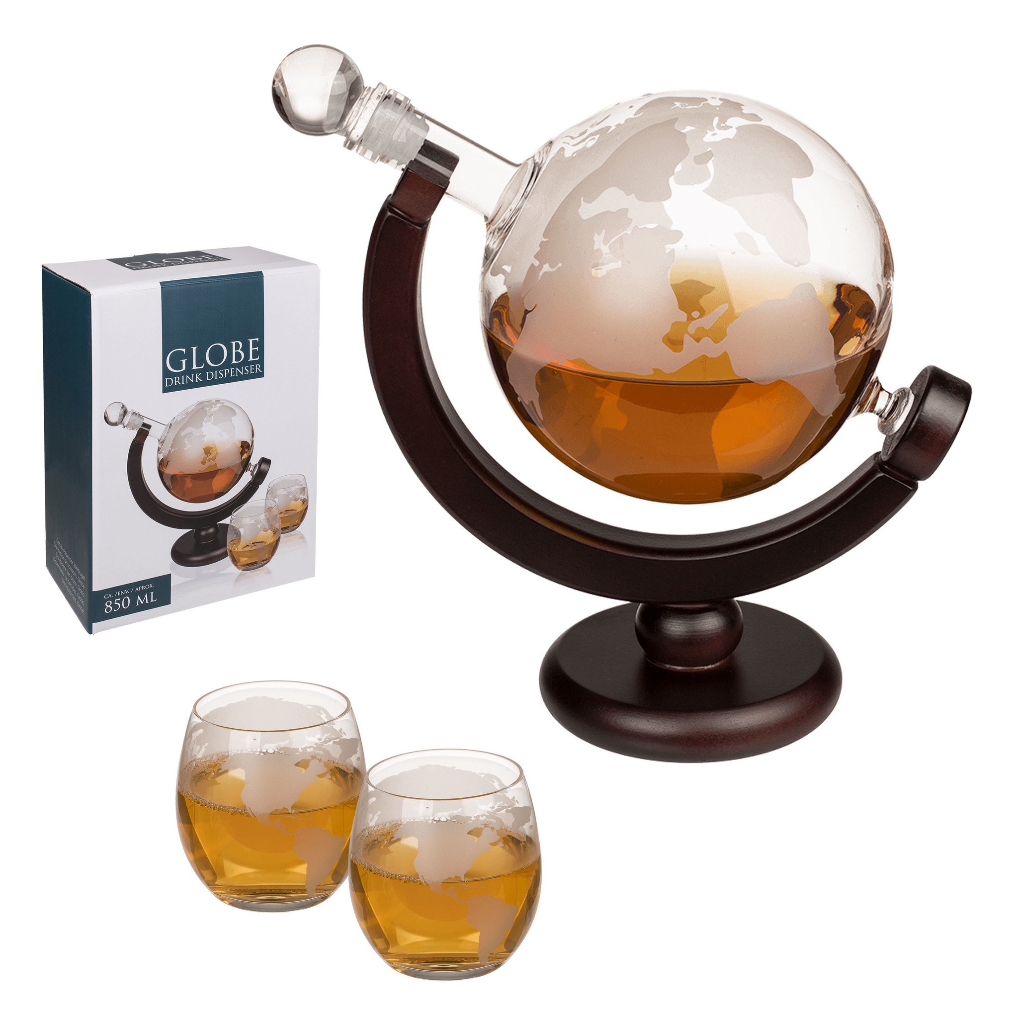 Whiskey Decanter Set - Wereldbol - 850ml - Inclusief 2 glazen