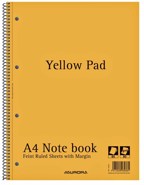 Collegeblok Aurora Yellow Pad A4 lijn 4-gaats 160 pagina's 80gr geel