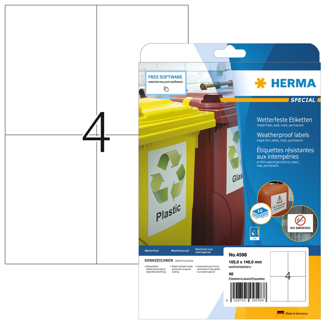 Etiket HERMA 4598 105x148mm A4 folie wit 40stuks