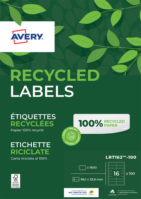 Etiket Avery LR7162-100 99.1x33.9mm recycled wit 1600 etiketten