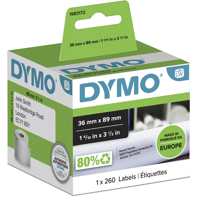 Etiket Dymo LabelWriter adressering 36x89mm 1 rol á 260 stuks wit