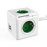 Allocacoc PowerCube Extended, stekkerdoos met USB poorten, 4 sockets, 1.5m, wit/groen