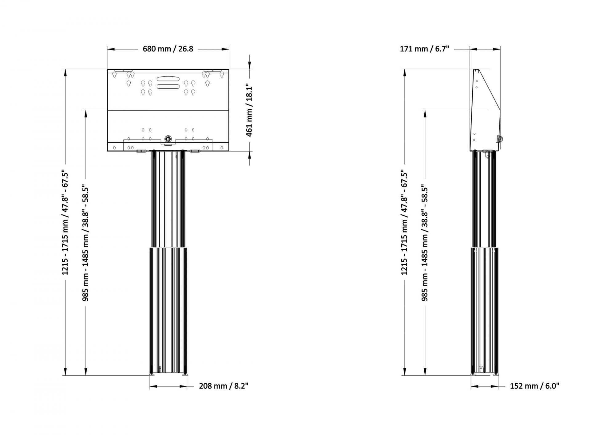 Elektrisch in hoogte verstelbare monitor muurbeugel met 50 cm slag