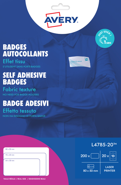 Naambadge etiket Avery L4785-20 80x50mm 200 etiketten