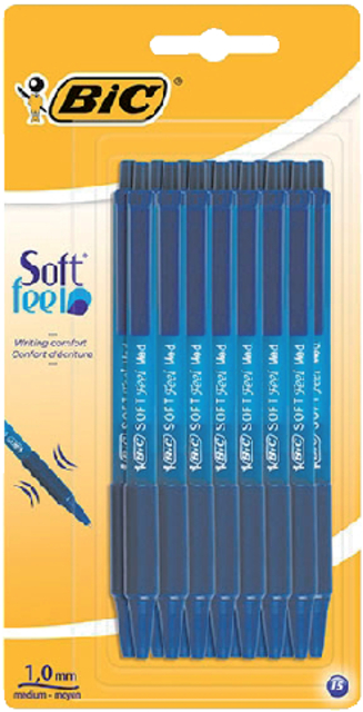 Balpen Bic soft feel clic grip blauw medium blister à 15 stuks