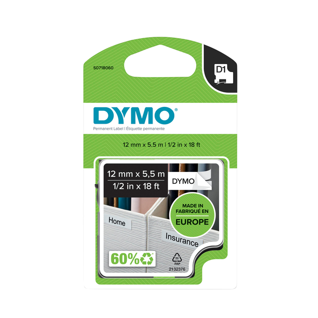 Labeltape Dymo LabelManager D1 polyester 12mmx5.5m zwart op wit