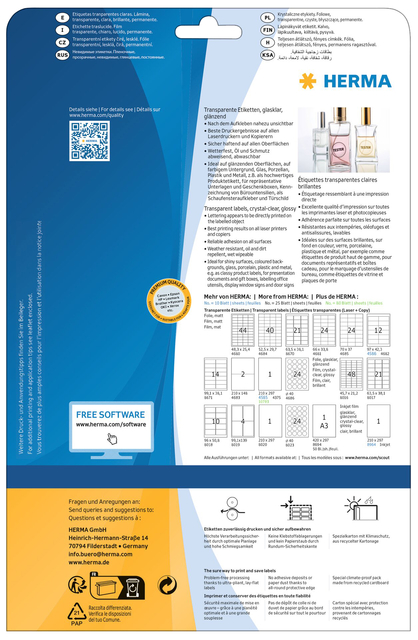 Etiket HERMA 8020 210x297mm transparant 25 etiketten