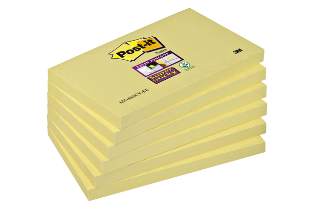 Memoblok Post-it 655 Super Sticky 76x127mm geel 6 stuks