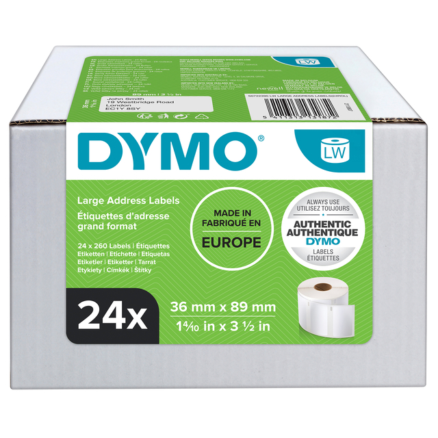 Etiket Dymo LabelWriter adressering 36x89mm 24 rollen á 260 stuks wit