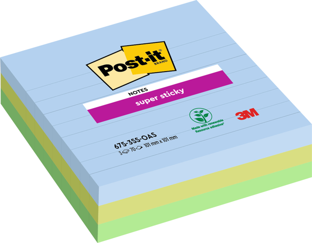 Memoblok Post-it 675-3 Super Sticky 101x101mm Oasis 3 stuks