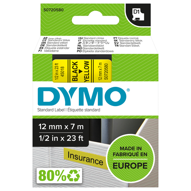 Labeltape Dymo LabelManager D1 polyester 12mm zwart op geel