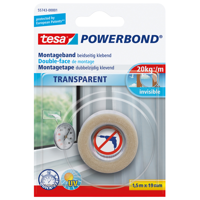 Montagetape tesa® Powerbond dubbelzijdig 1,5mx19mm transparant