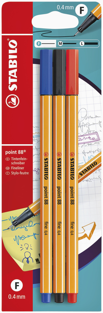 Fineliner STABILO point 88/3 fijn assorti blister à 3 stuks