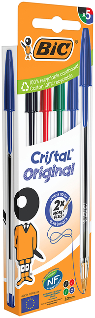 Balpen Bic Cristal medium assorti blister à 5 stuks