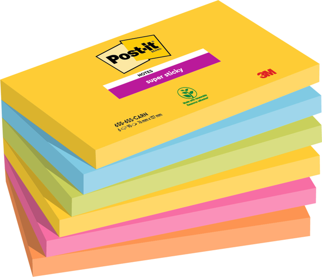 Memoblok Post-it 655 Super Sticky 76x127mm Carnival 6 stuks