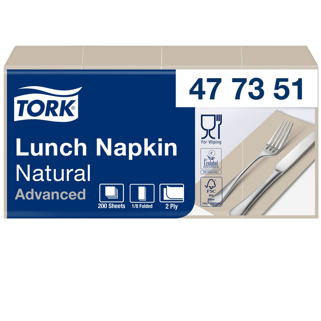 Lunchservet Tork Advanced 1/8 vouw 2-laags 328x325mm 200 vel naturel 477351