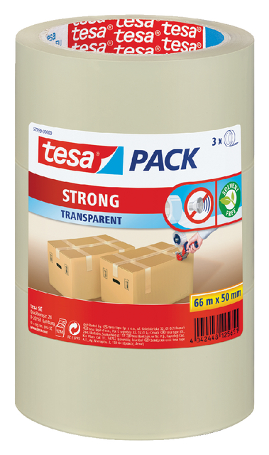 Verpakkingstape tesapack® Strong 66mx50mm PP transparant 3 rollen