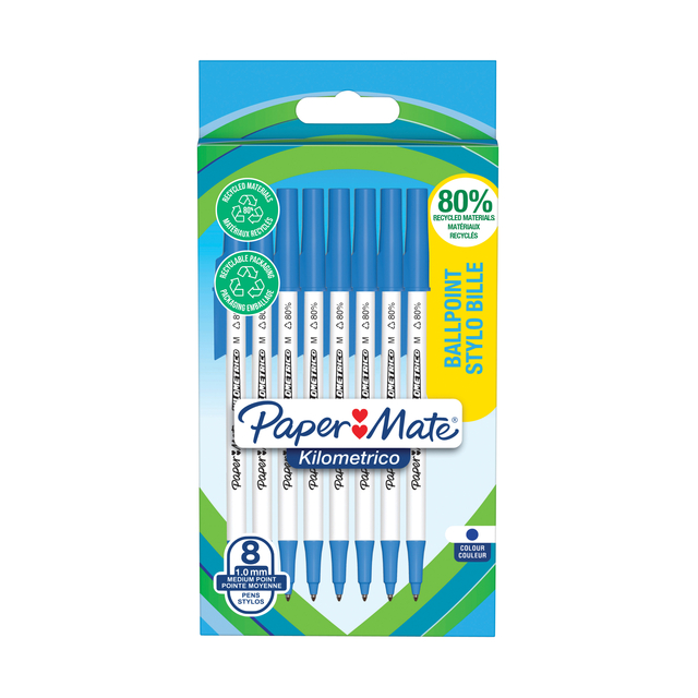 Balpen Paper Mate Kilometrico Recycled medium blauw blister à 8 stuks