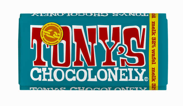 Chocolade Tony's Chocolonely melk pennywafel reep 180gr