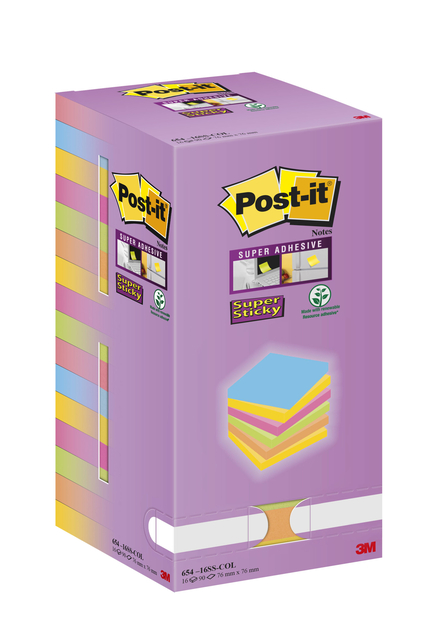 Memoblok Post-it Super Sticky 654 76x76mm color 16 stuks