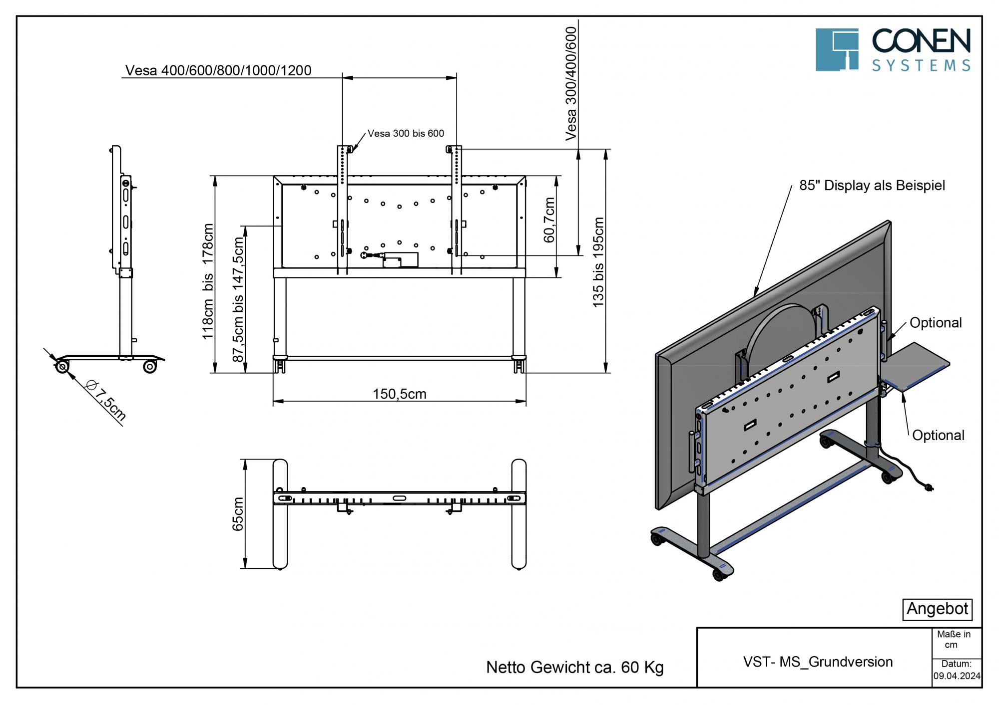 Displaystandaard met gemotoriseerde hoogteverstelling geschikt voor de Microsoft Surface Hub 2 85" - "VST-MS"