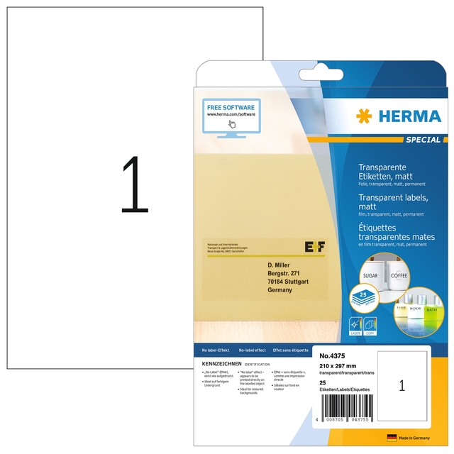 Etiket HERMA 4375 210x297mm A4 transparant 25stuks