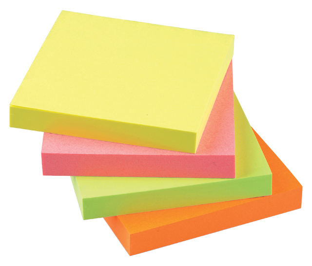 Memoblok Quantore 76x76mm neon kleuren assorti 4 kleuren 400 vel