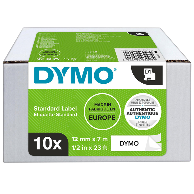 Labeltape Dymo LabelManager D1 polyester 12mm zwart op wit 10 stuks