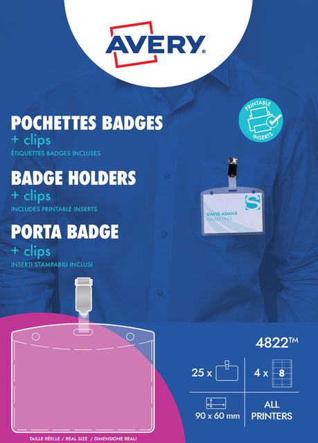 Badge Avery met clip 4822 60x90mm 25 stuks + 32 insteekkaarten