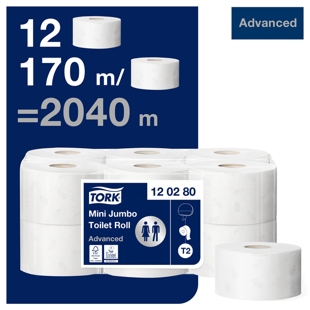 Toiletpapier Tork T2 Advanced jumbo klein 2-laags 170m wit 120280