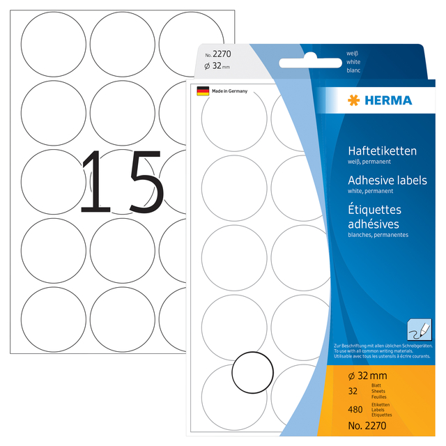 Etiket HERMA 2270 rond 32mm wit 480stuks